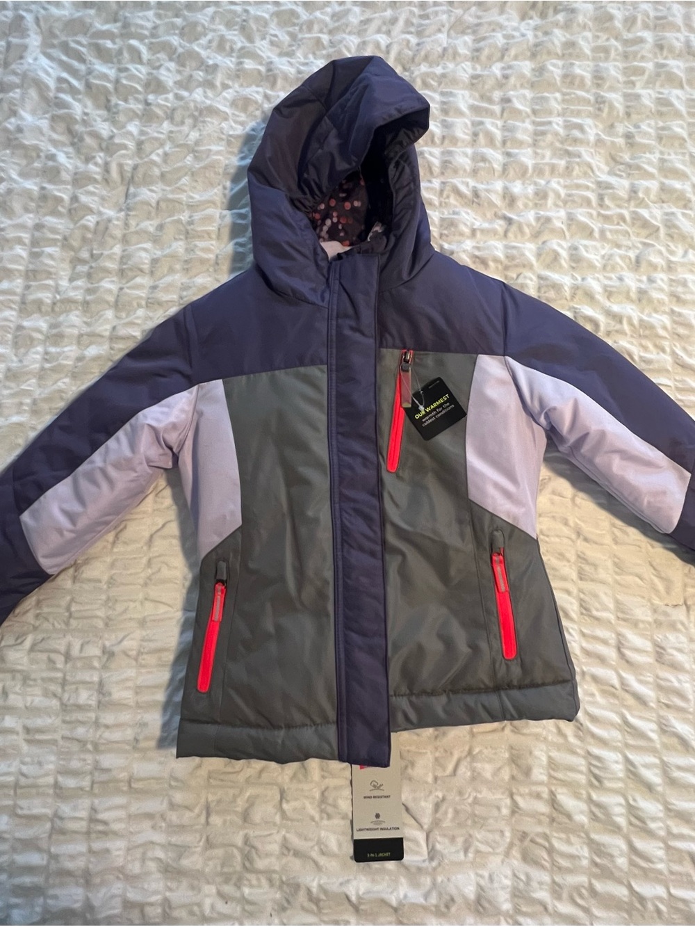 Girls' Colorblock Hooded 3-in-1 Winter Jacket - Purple Gray with Pink Accents
